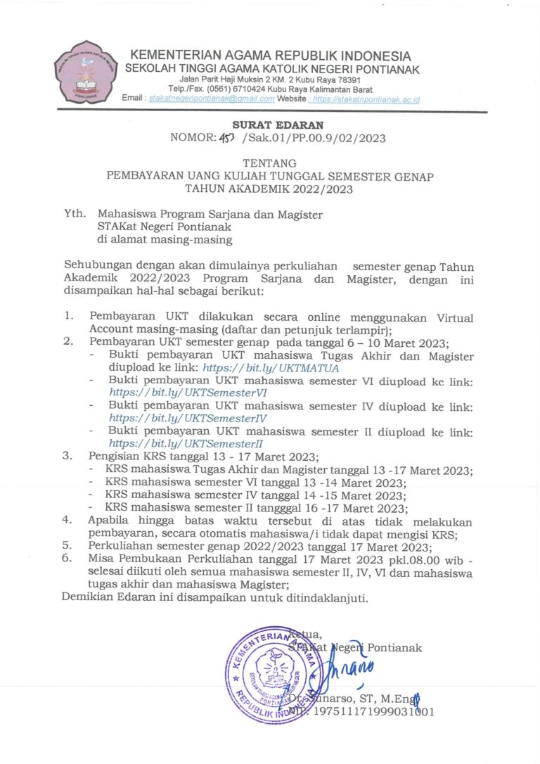 Pembayaran Uang Kuliah Tunggal Semester Genap Tahun Ajaran 2022/2023